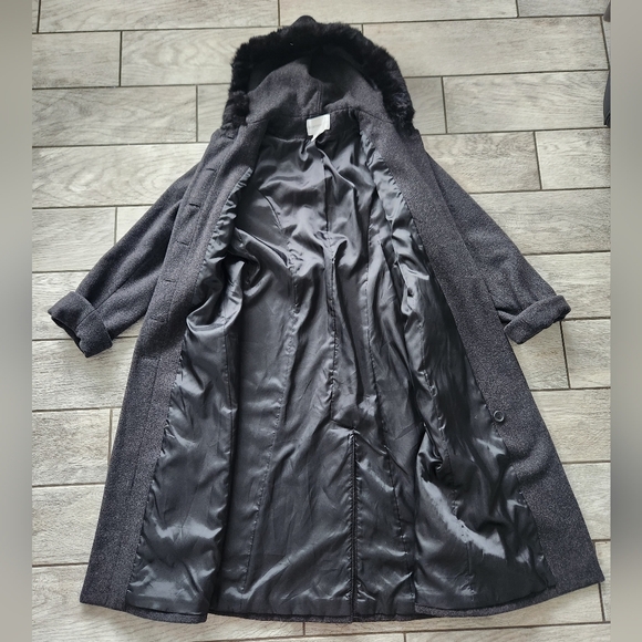 Worthington Long Wool Womens Trench Coat 10 P Rabbit Fur Trim Hooded Gray Vtg - Picture 8 of 15